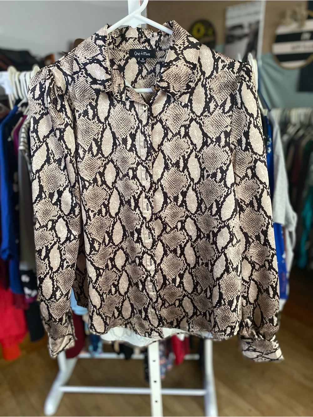Women's Beige & Black Snake-Print Button Down Shirt